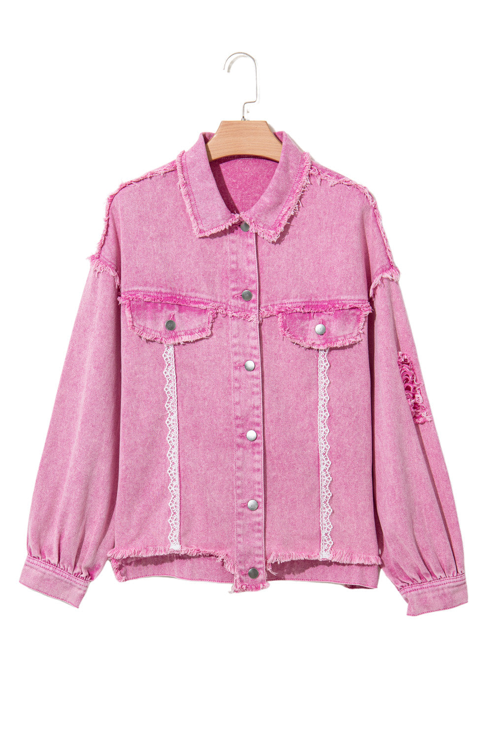 Pink Lace Patchwork Distressed Buttoned Denim Jacket