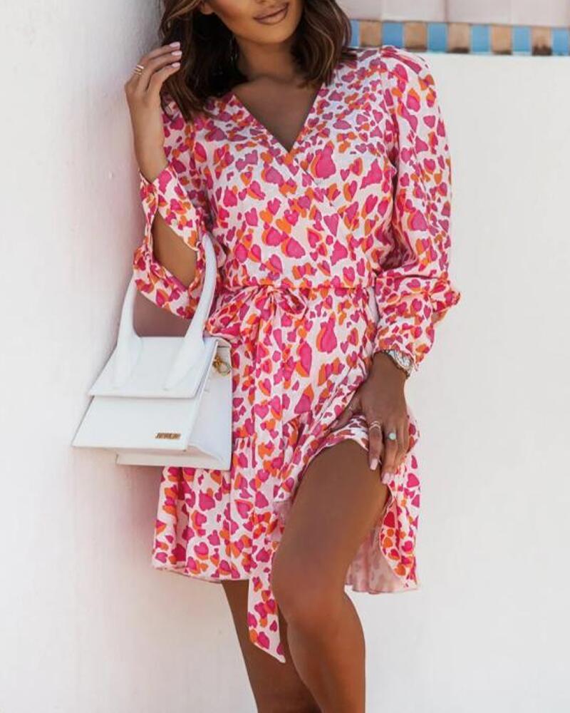 Heart Print Ruffle Hem Belted Wrap Shirt Dress