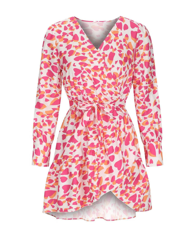 Heart Print Ruffle Hem Belted Wrap Shirt Dress