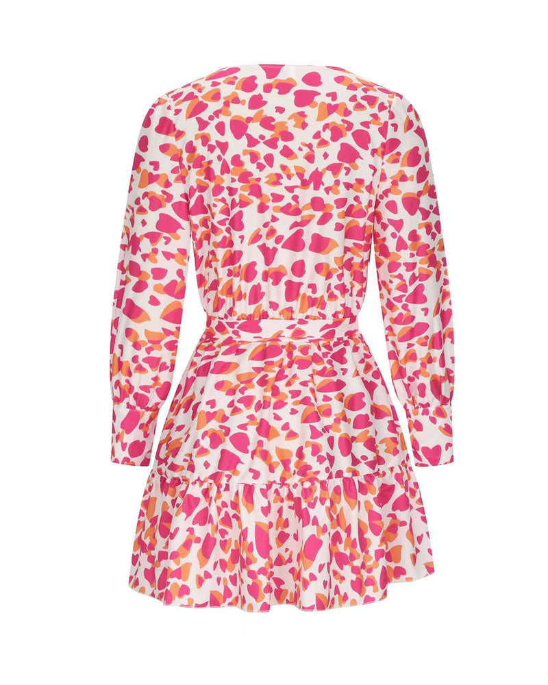 Heart Print Ruffle Hem Belted Wrap Shirt Dress