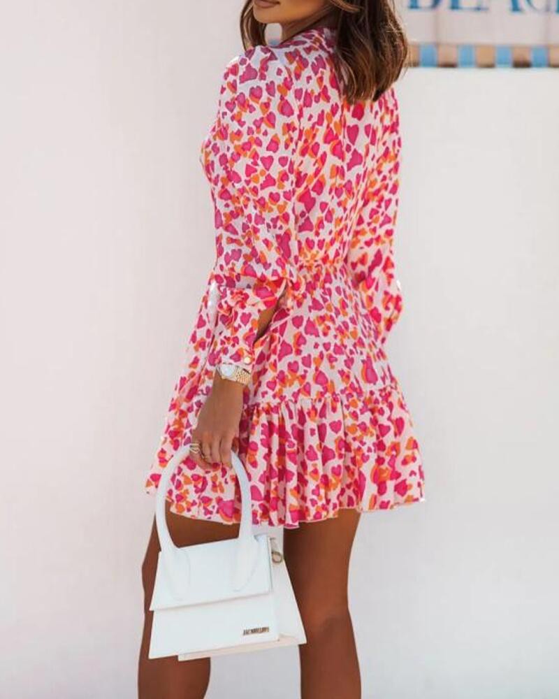 Heart Print Ruffle Hem Belted Wrap Shirt Dress