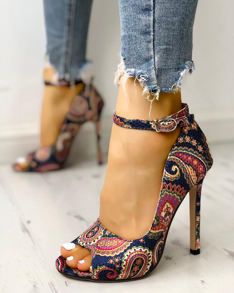 Ethnic Print Peep Toe Ankle Strap Thin Heeled Sandals