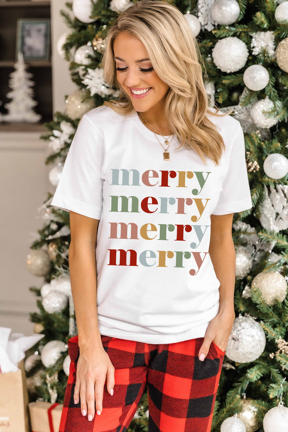 White Colorful merry Printed Crewneck Christmas T Shirt