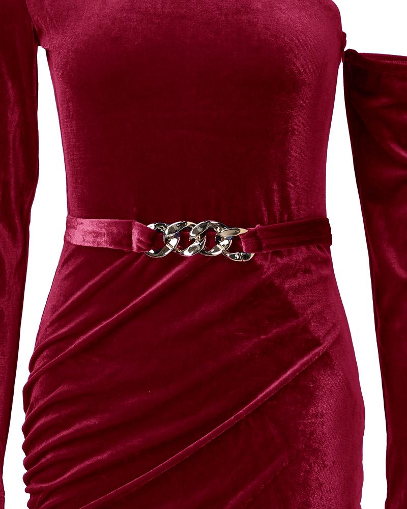 Velvet One Shoulder Chain Decor Ruched Bodycon Dress