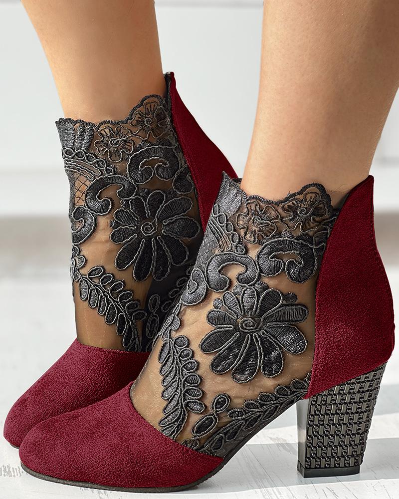 Lace Patch Floral Pattern Chunky Heel Ankle Boots