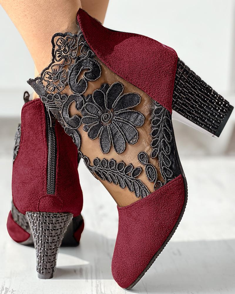 Lace Patch Floral Pattern Chunky Heel Ankle Boots