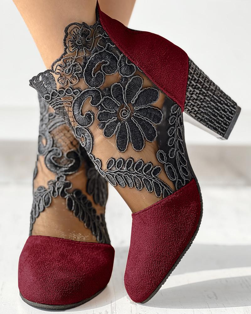 Lace Patch Floral Pattern Chunky Heel Ankle Boots