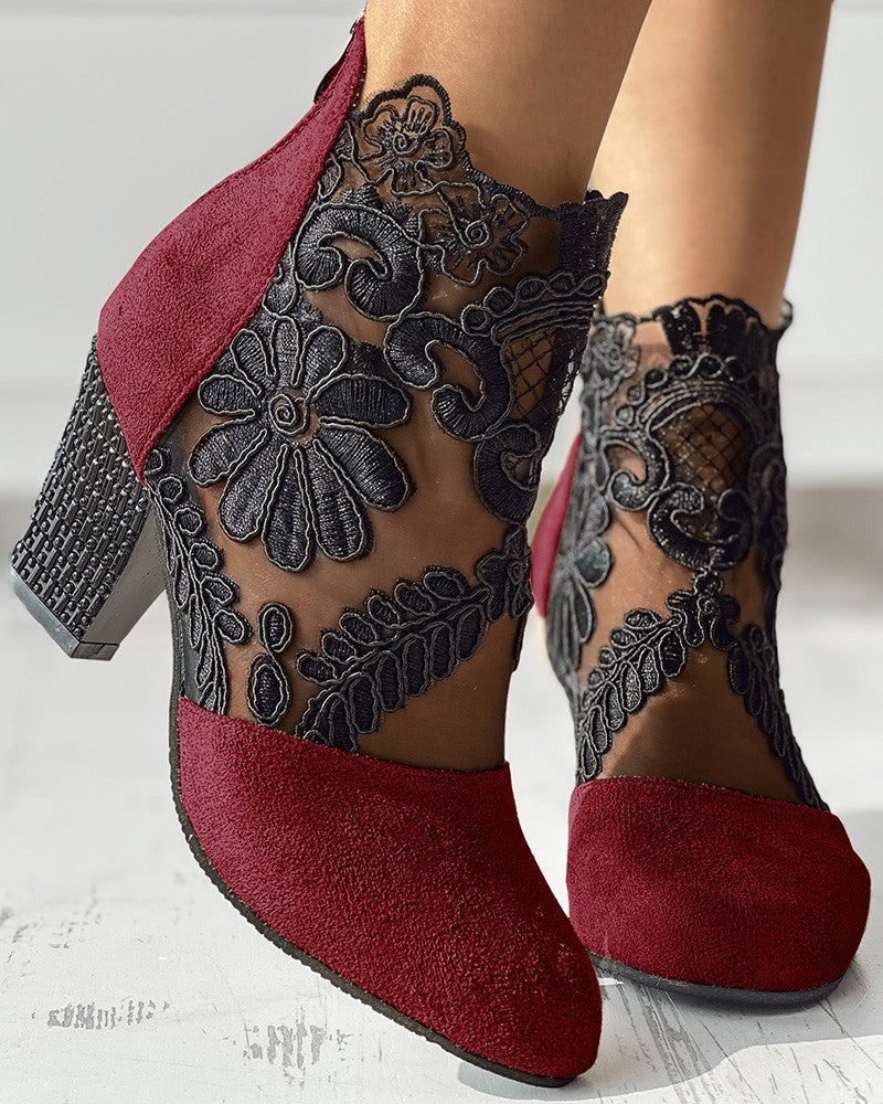 Lace Patch Floral Pattern Chunky Heel Ankle Boots