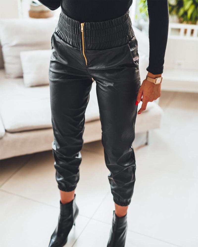 PU Leather Zipper Detail High Waist Cuffed Pants