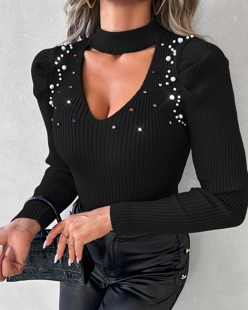 Keyhole Neck Rhinestone Beaded Knit Sweater