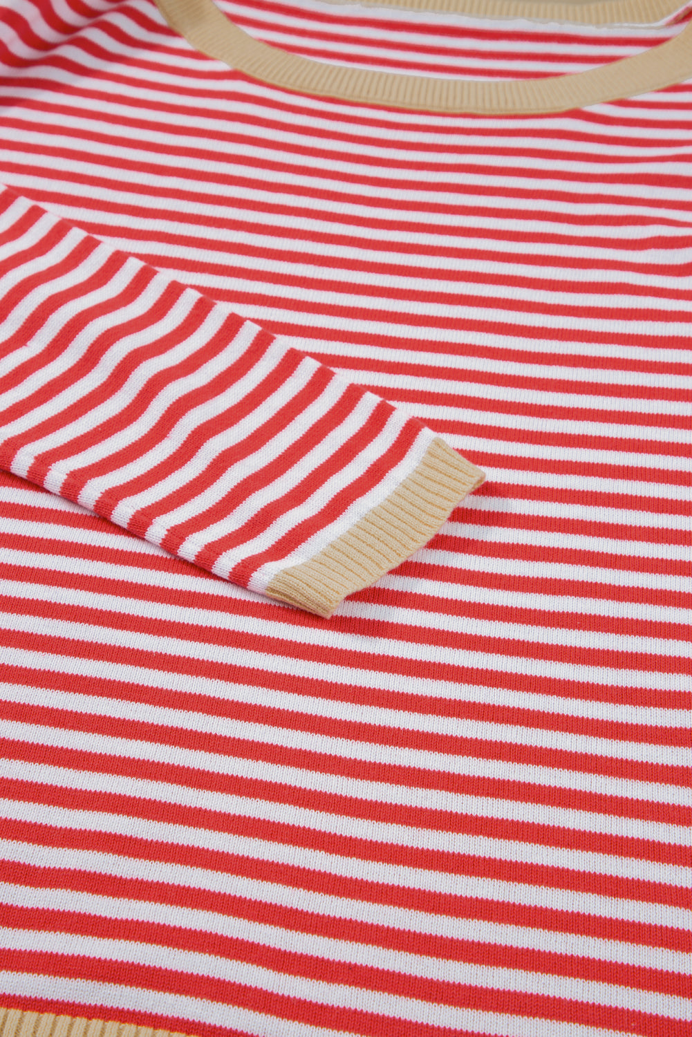 Fiery Red Contrast Trimmed Striped Drop Shoulder Sweater