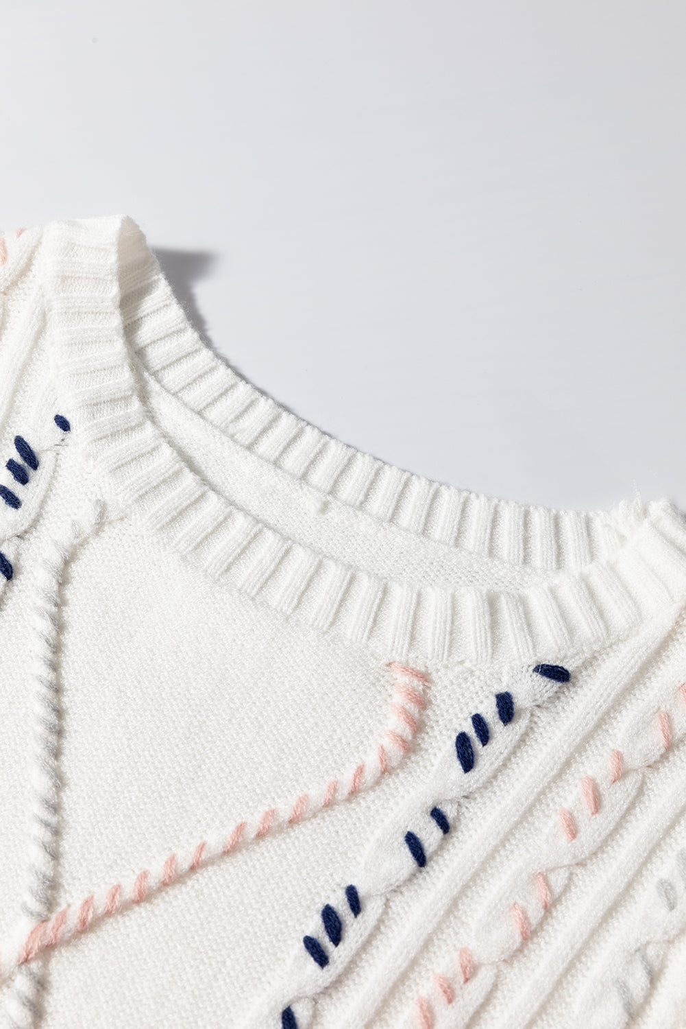 White Multicolor Stitch Detail Cable Knit Short Sleeve Sweater