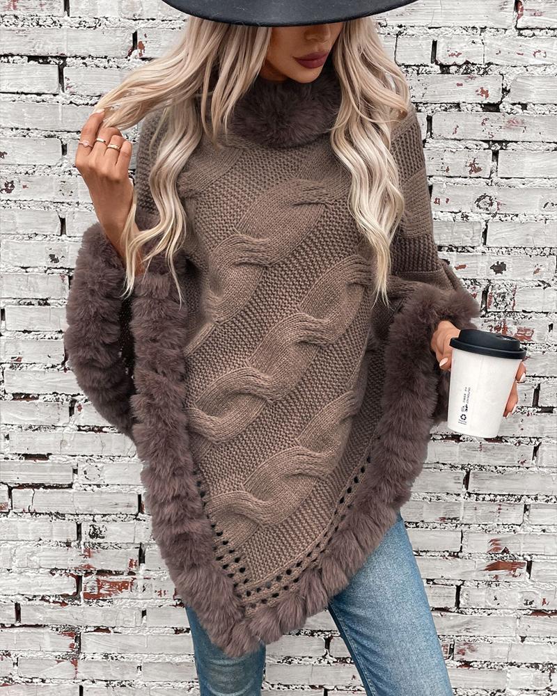 High Neck Cloak Sleeve Fuzzy Detail Asymmetrical Hem Knit Cape Sweater