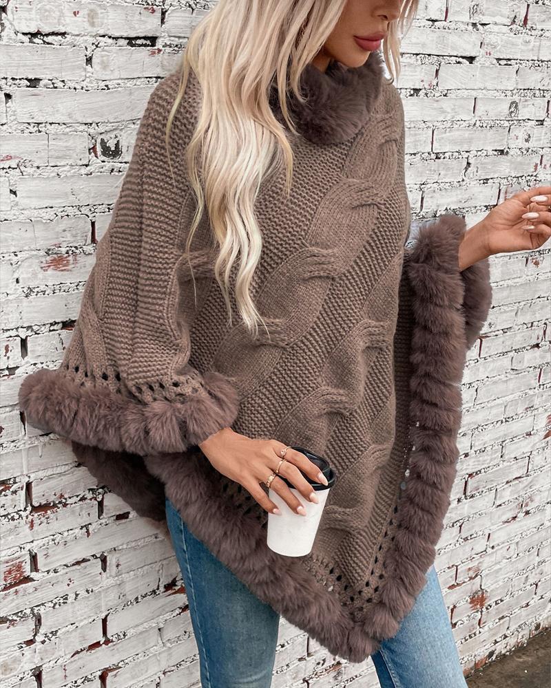 High Neck Cloak Sleeve Fuzzy Detail Asymmetrical Hem Knit Cape Sweater