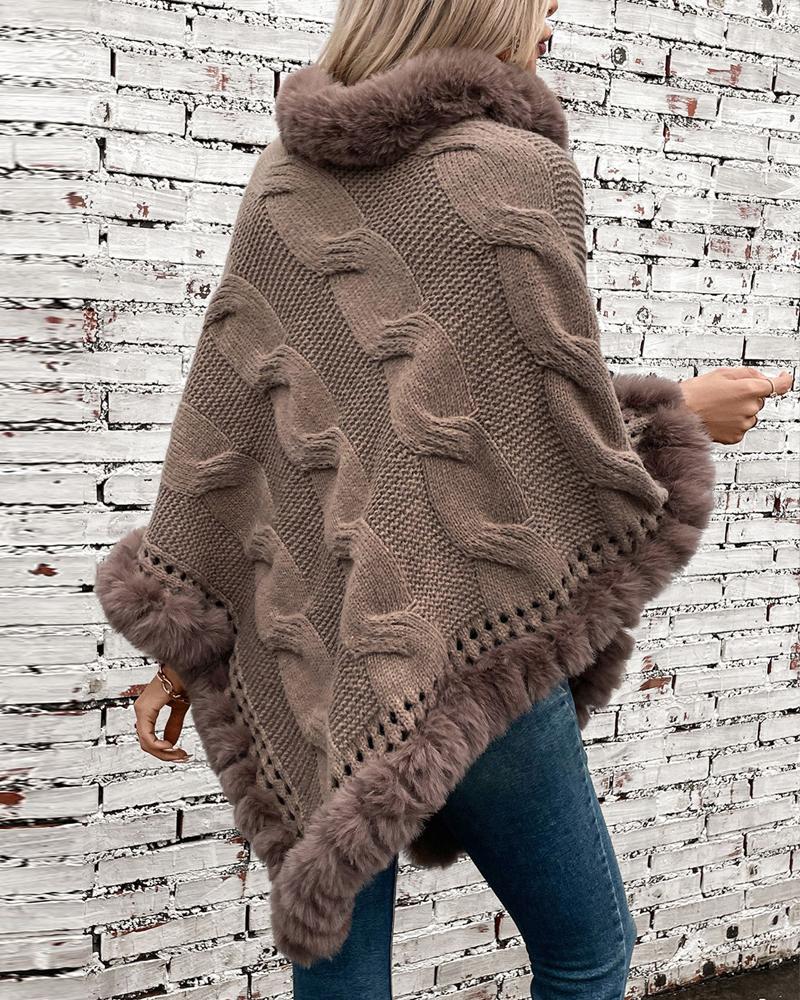 High Neck Cloak Sleeve Fuzzy Detail Asymmetrical Hem Knit Cape Sweater