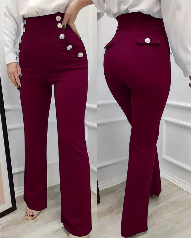 High Waist Pocket Design Buttoned Pants