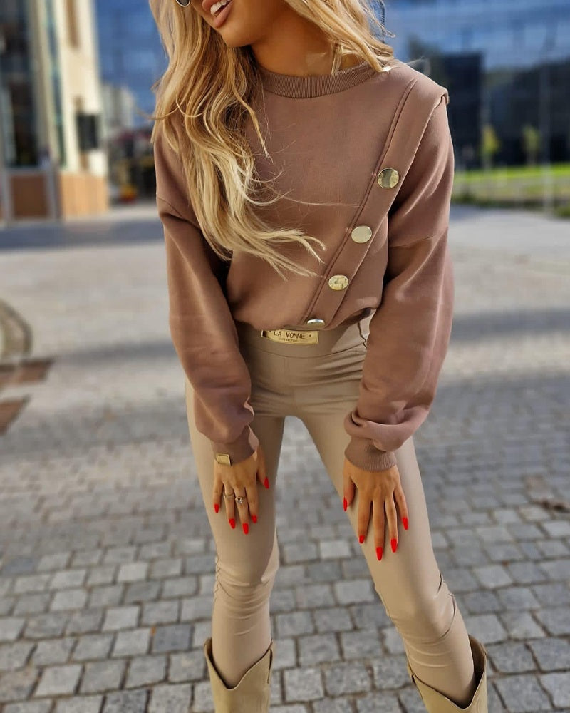 O neck Long Sleeve Buttoned Sweatshirt