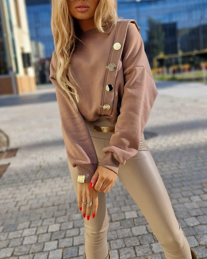 O neck Long Sleeve Buttoned Sweatshirt