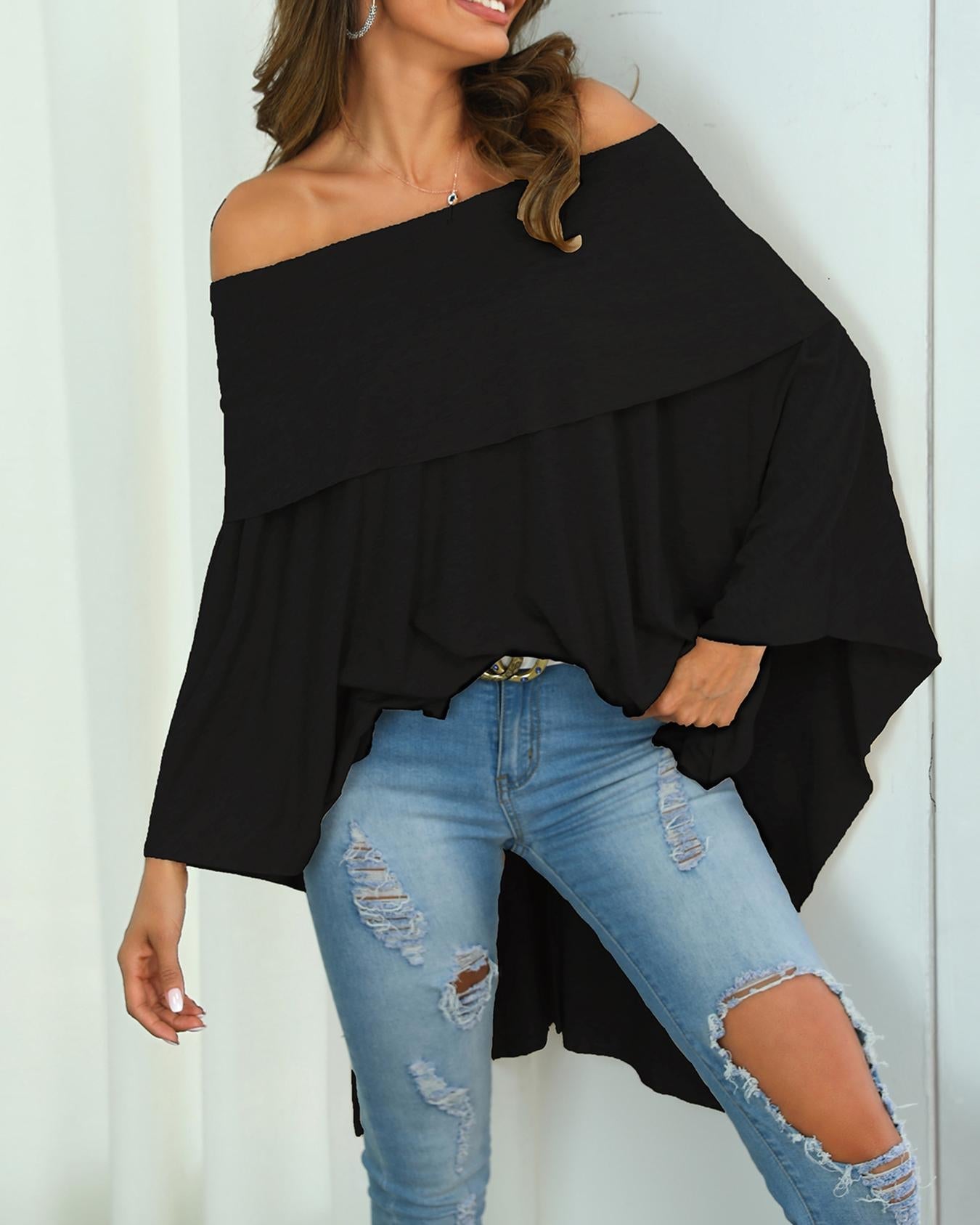 Irregular Off Shoulder Dip Hem Casual Blouse