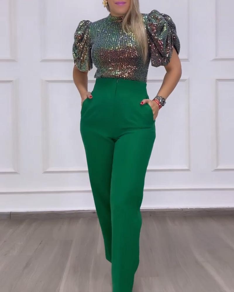 High Neck Gradient Puff Sleeve Contrast Sequin Top Cropped Pants with Pocket Pants Set