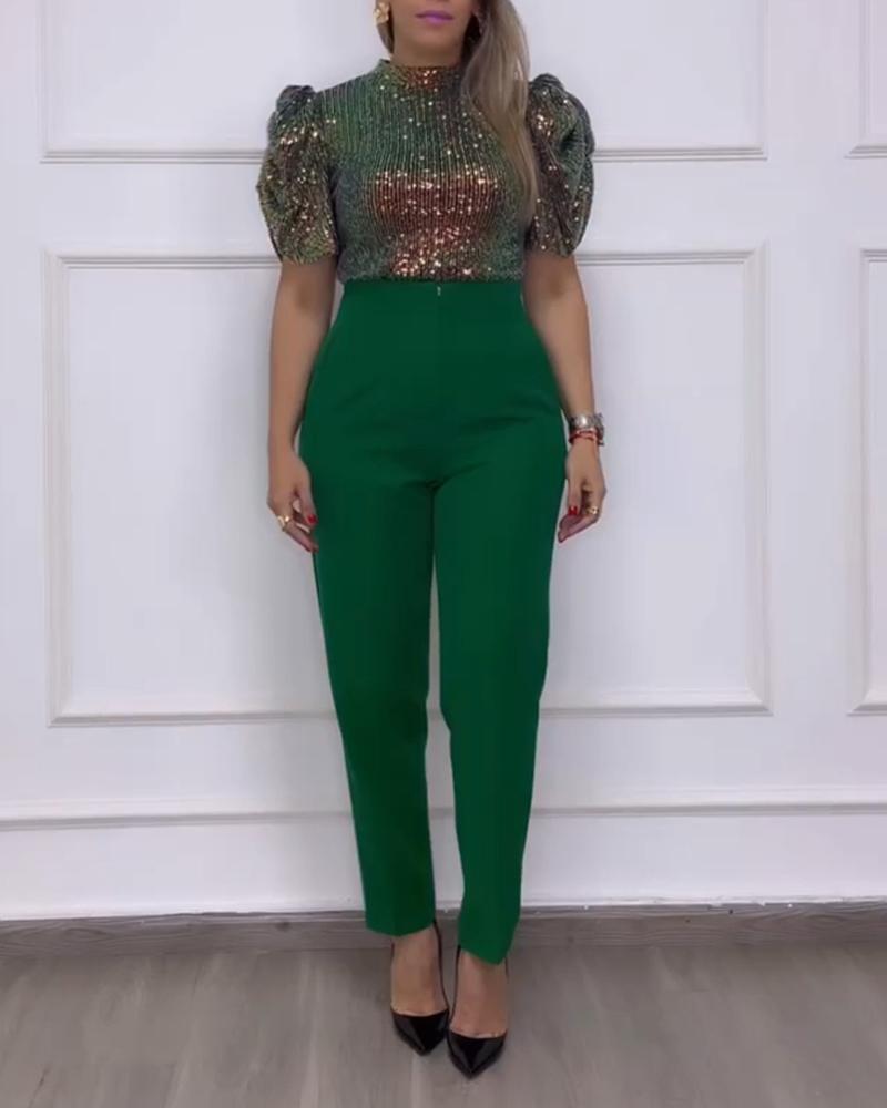 High Neck Gradient Puff Sleeve Contrast Sequin Top Cropped Pants with Pocket Pants Set