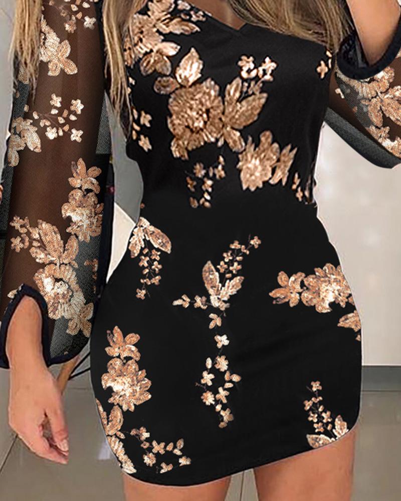 Floral Pattern Contrast Sequin Sheer Mesh Party Dress