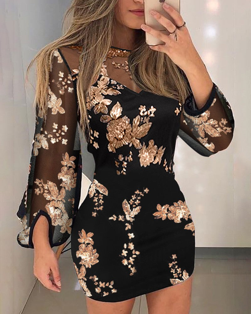 Floral Pattern Contrast Sequin Sheer Mesh Party Dress