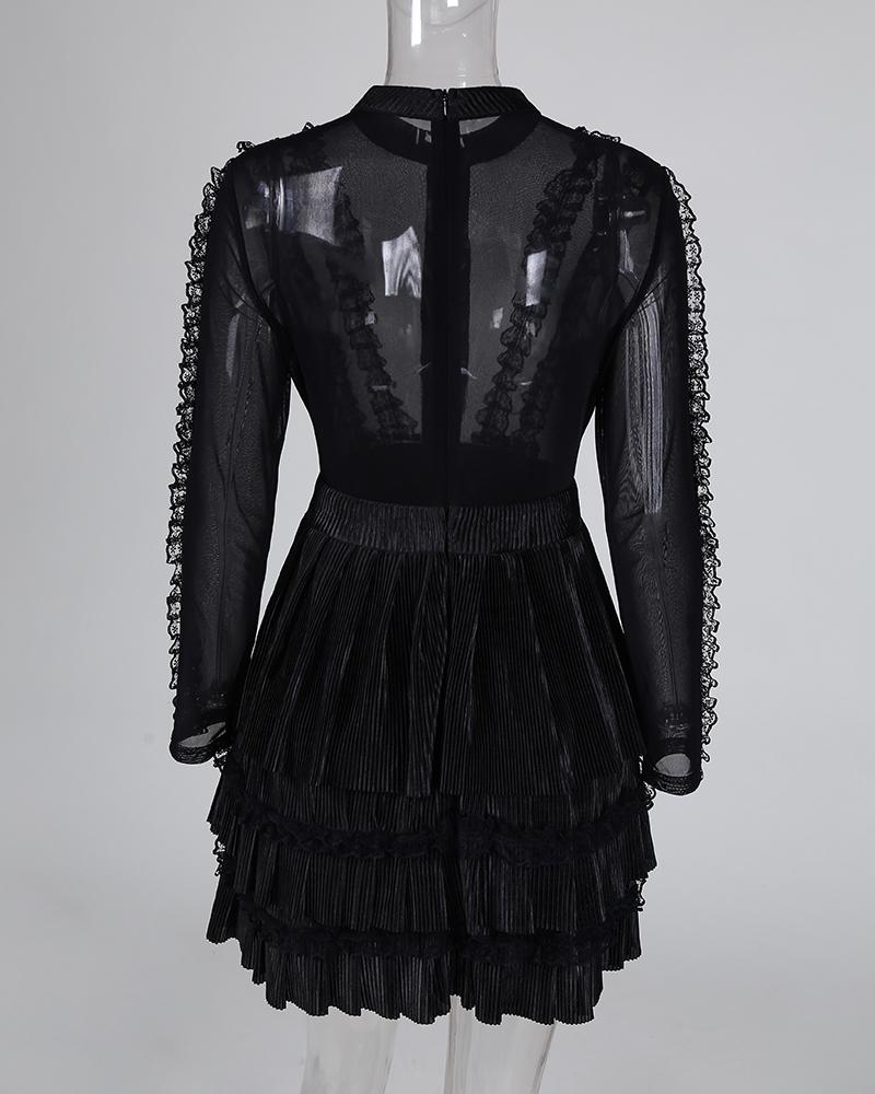 Mock Neck Sheer Mesh Insert Ruffles Buttoned Dress