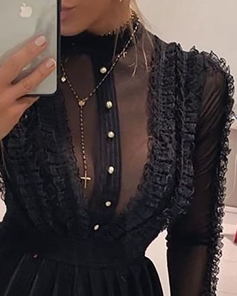 Mock Neck Sheer Mesh Insert Ruffles Buttoned Dress