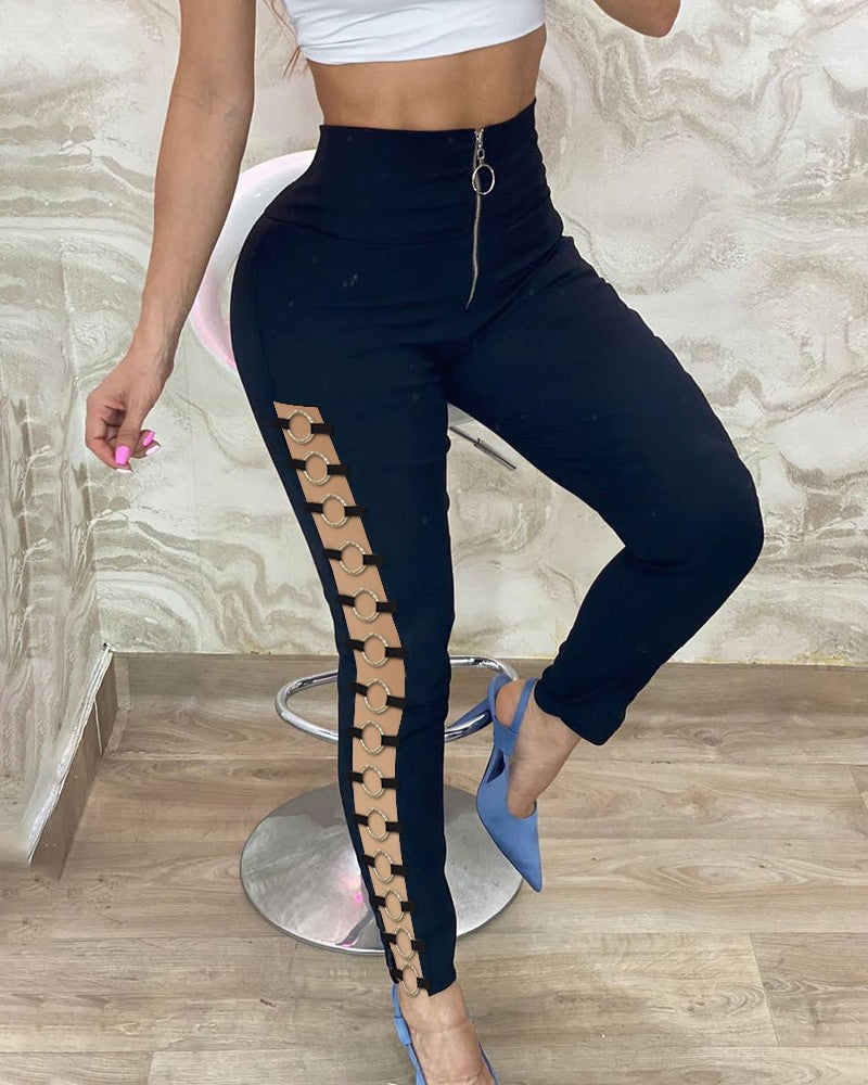 High Waist Zipper Design O Ring Skinny Pants