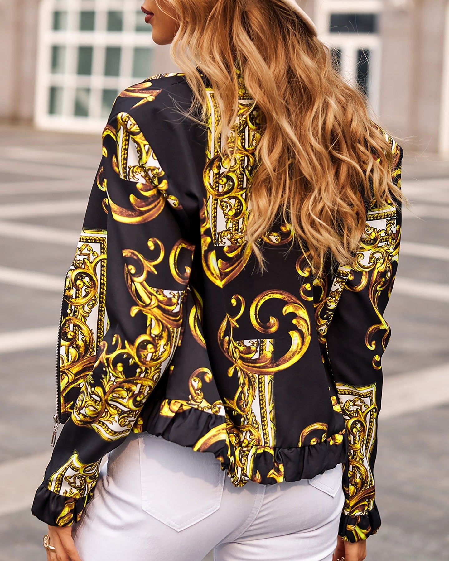 Baroque Print Long Sleeve Zip Up Jacket