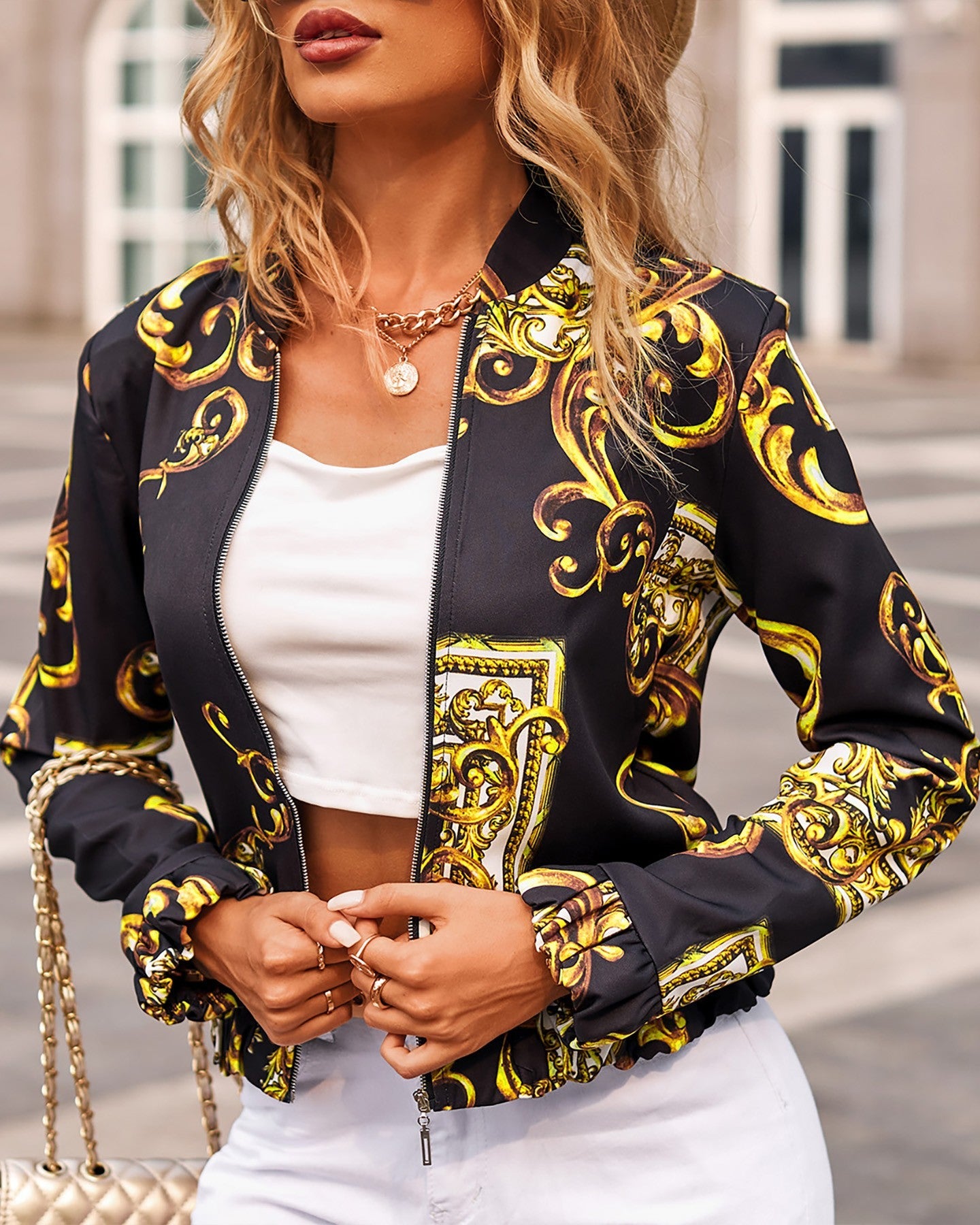 Baroque Print Long Sleeve Zip Up Jacket