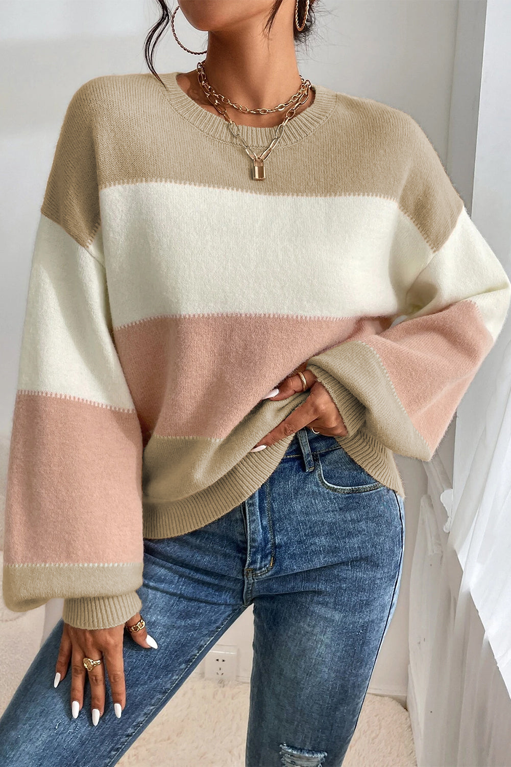 Dusty Pink Color Block Lantern Sleeve Drop Shoulder Sweater