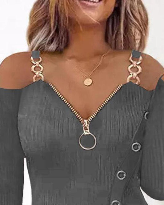 Zip Detail Cold Shoulder Top