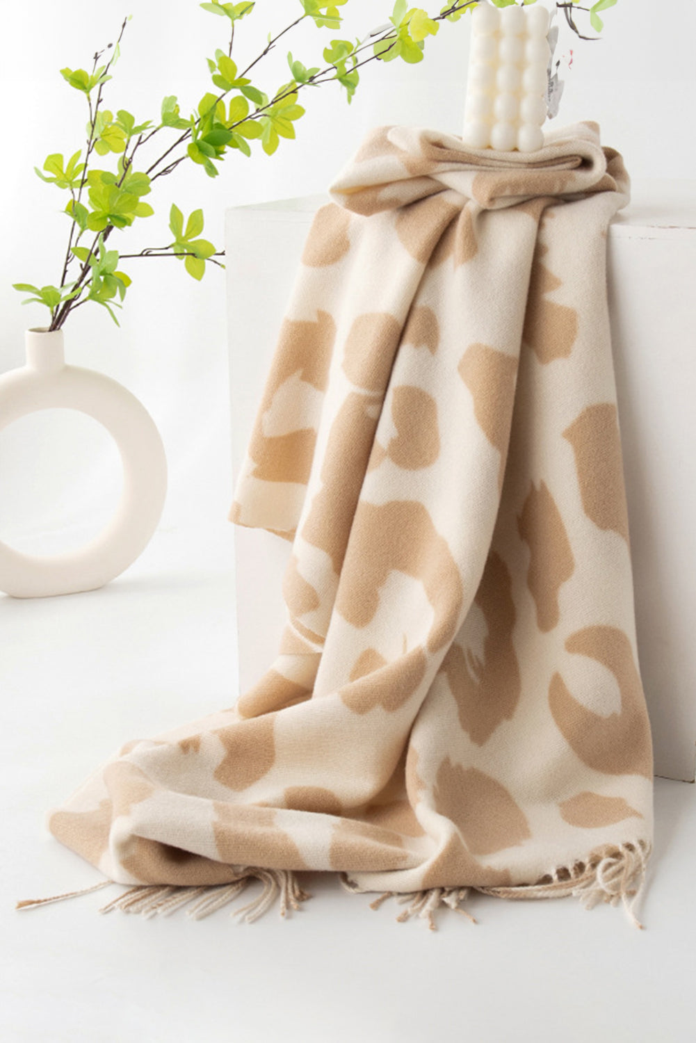 Parchment Cow Print Fringed Winter Large Scarf