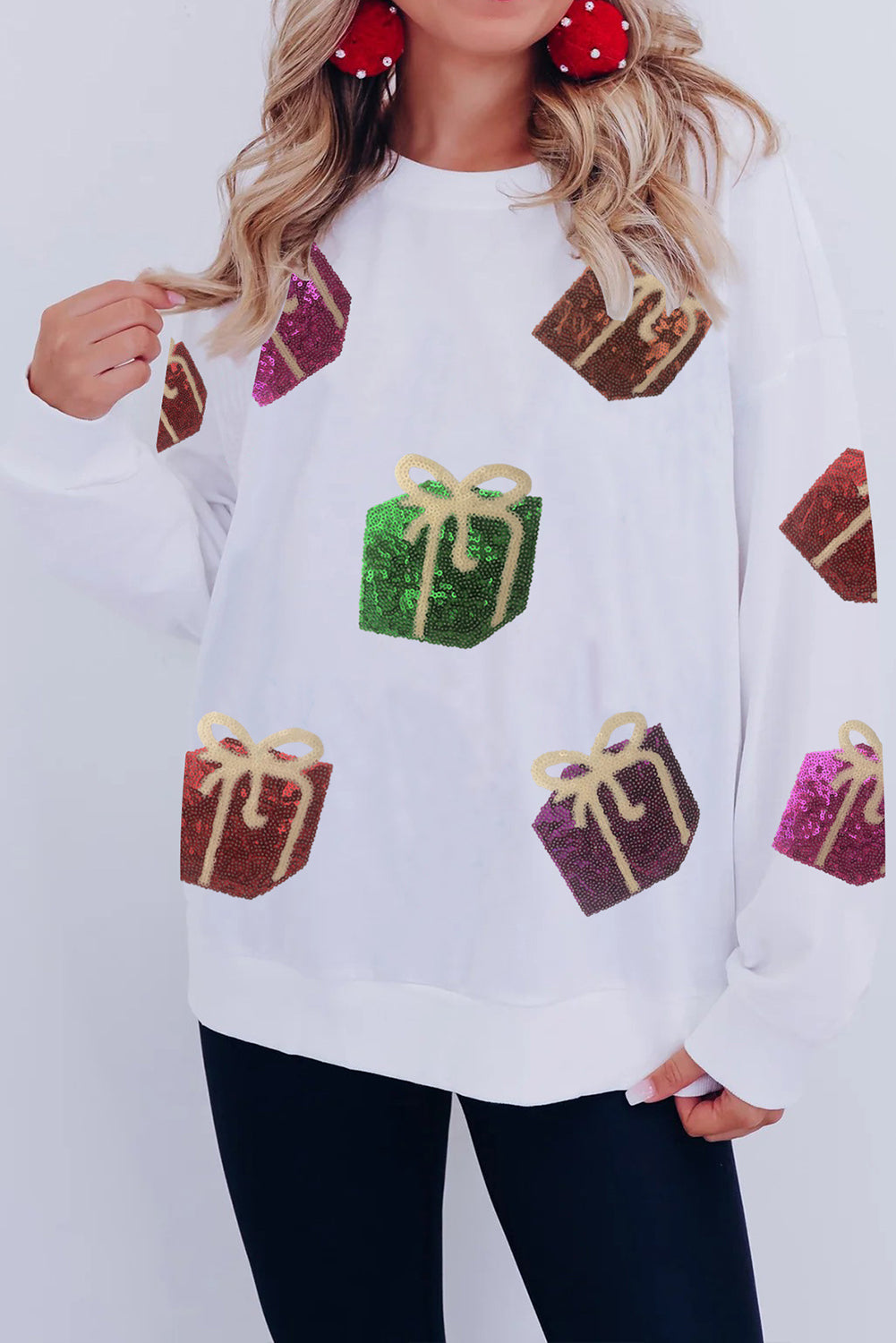 White Sequin Christmas Gift Graphic Pullover Sweatshirt