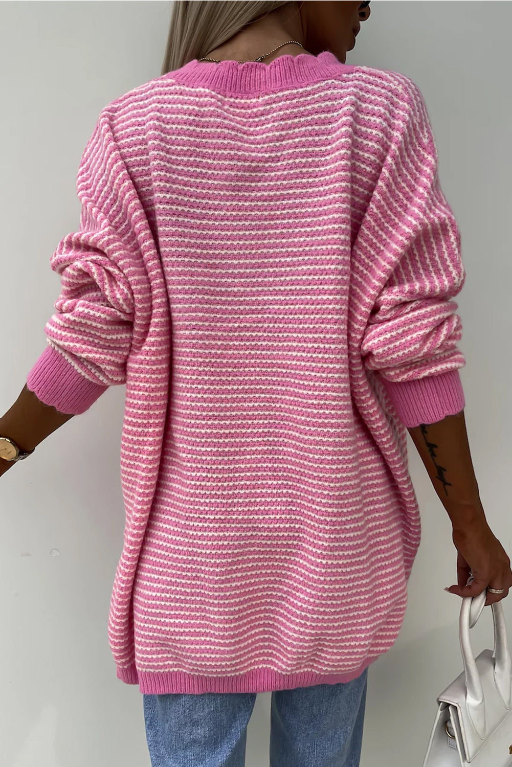 Pink Striped Scallop V Neck Loose Sweater with Slits