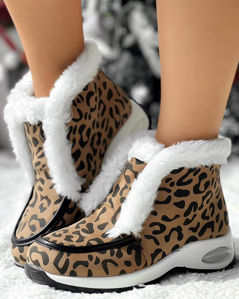 Leopard Fuzzy Detail Lined Warm Ankle Boots