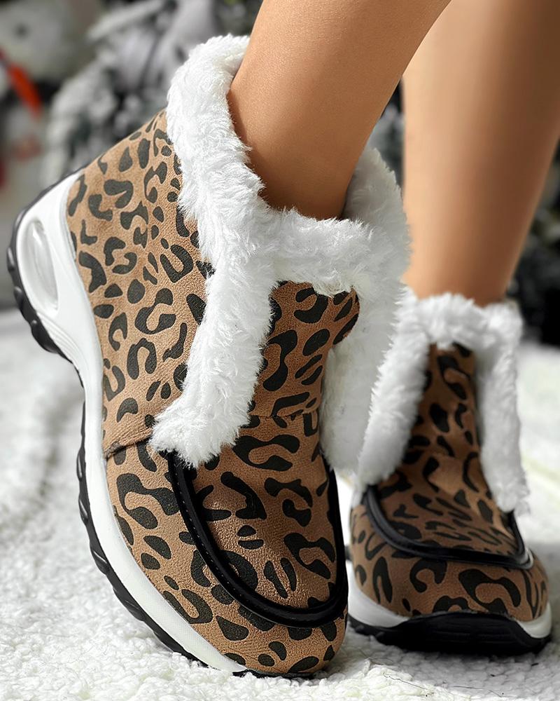 Leopard Fuzzy Detail Lined Warm Ankle Boots