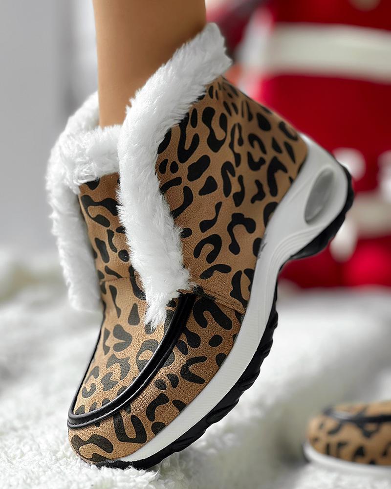 Leopard Fuzzy Detail Lined Warm Ankle Boots