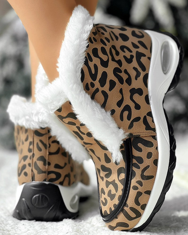 Leopard Fuzzy Detail Lined Warm Ankle Boots