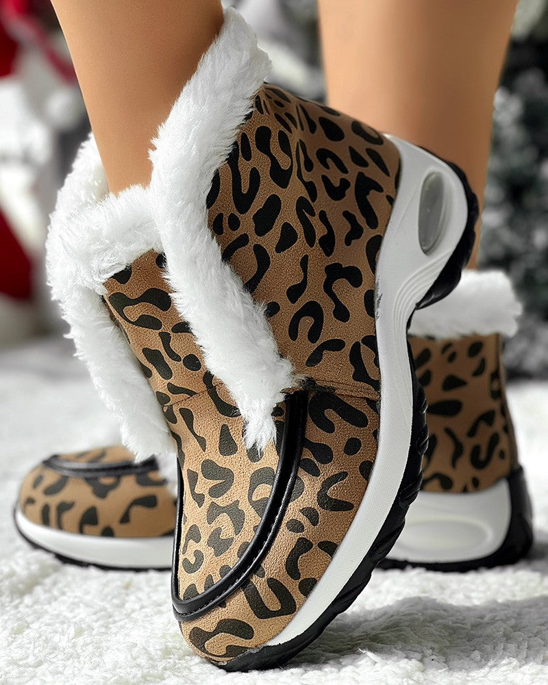 Leopard Fuzzy Detail Lined Warm Ankle Boots