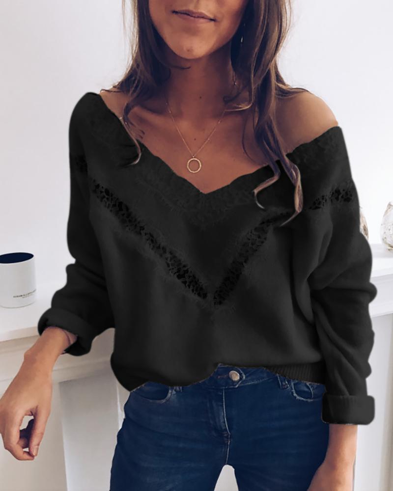 Solid Lace Hollow Out Detail Sweater