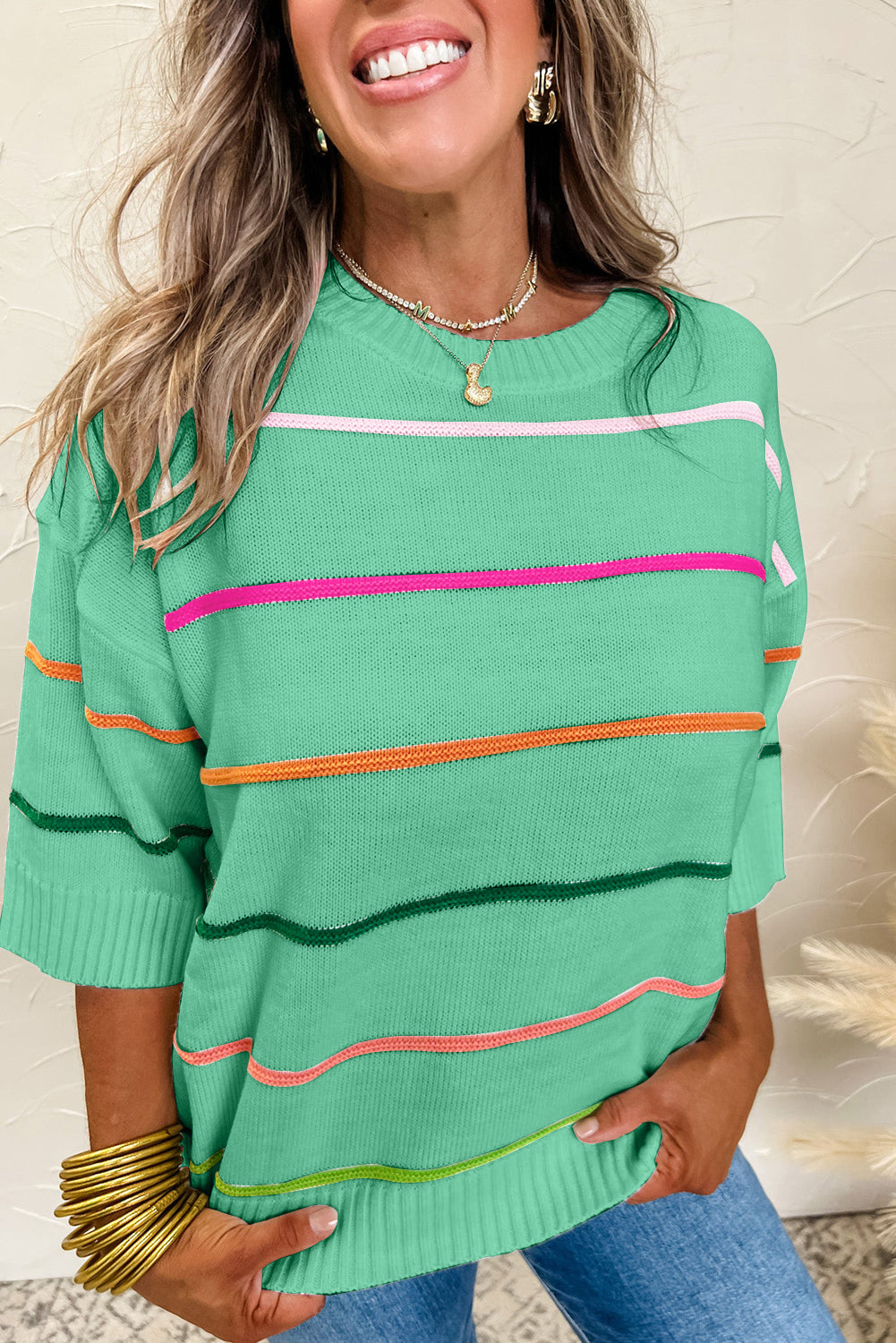 White Colorblock Striped Half Sleeve Drop Shoulder Sweater