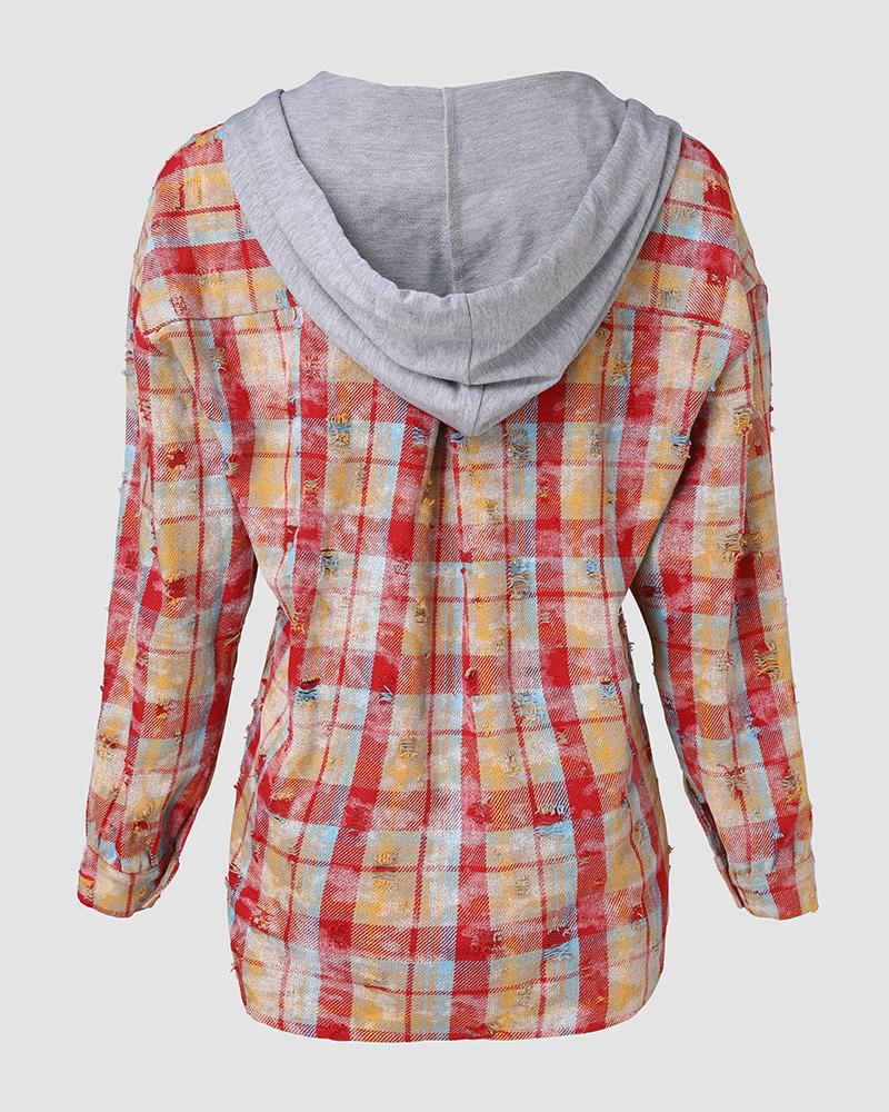 Colorblock Plaid Print Distressed Hooded Coat Shacket