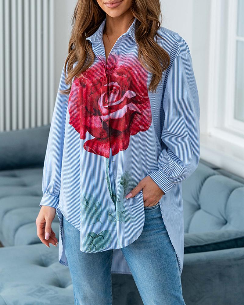 Striped Rose Print Dip Hem Casual Top