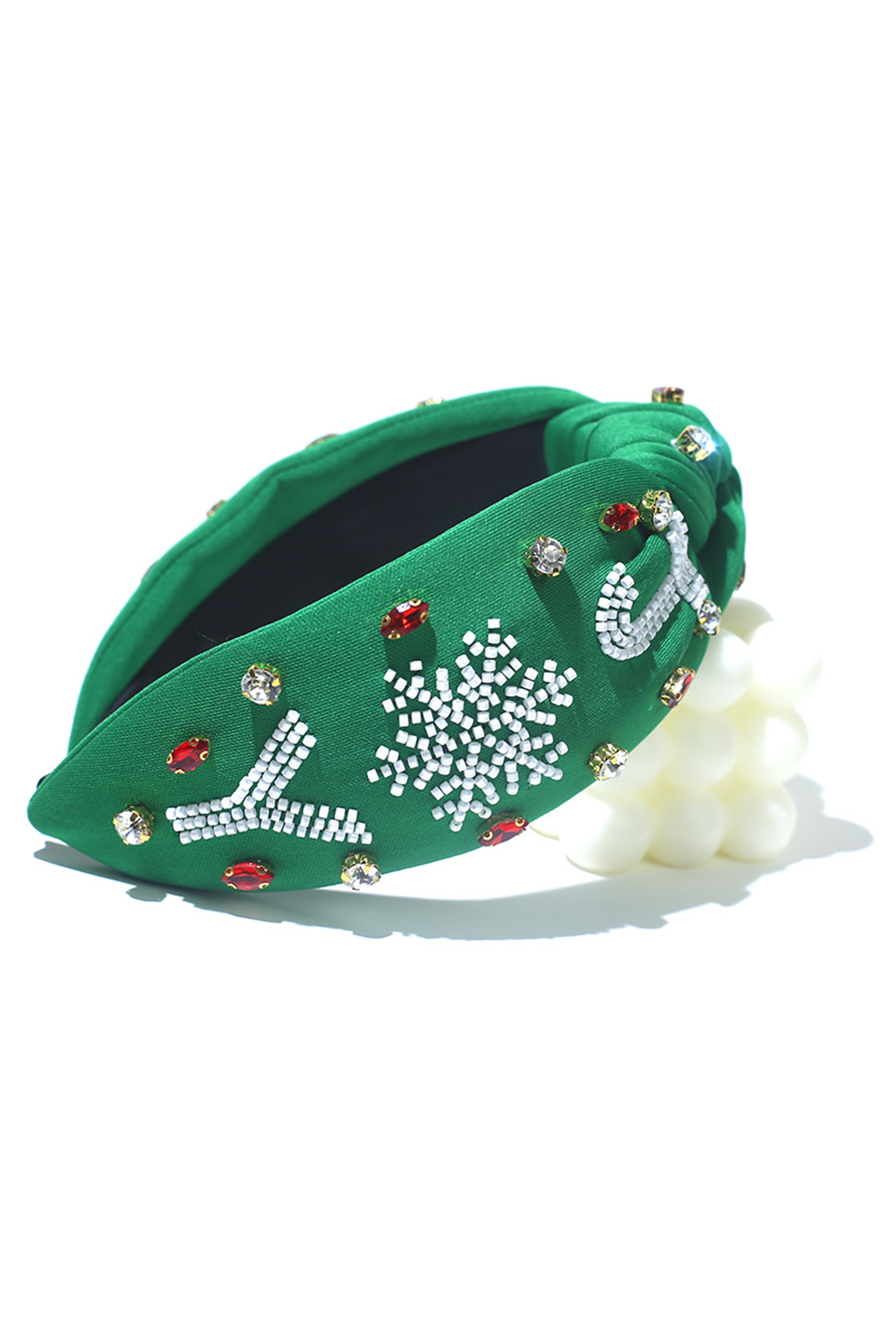 Dark Green Christmas Rice Beaded Rhinestone Wide Headband