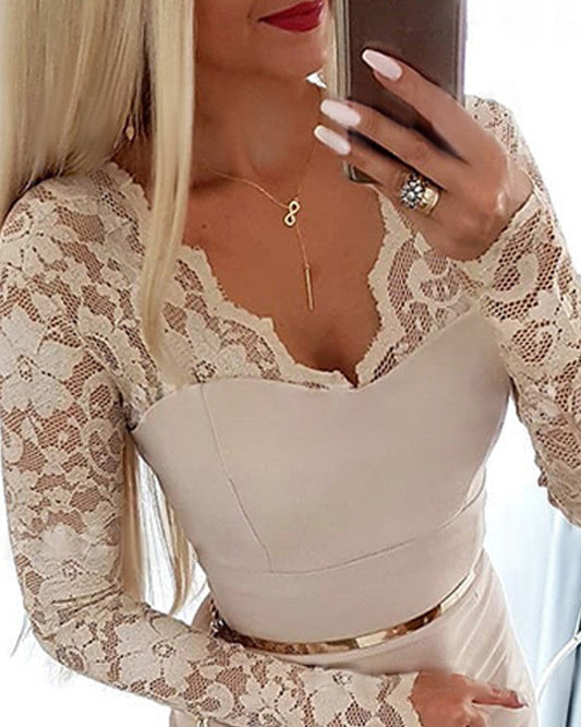 Lace Patch Long Sleeve Bodycon Dress