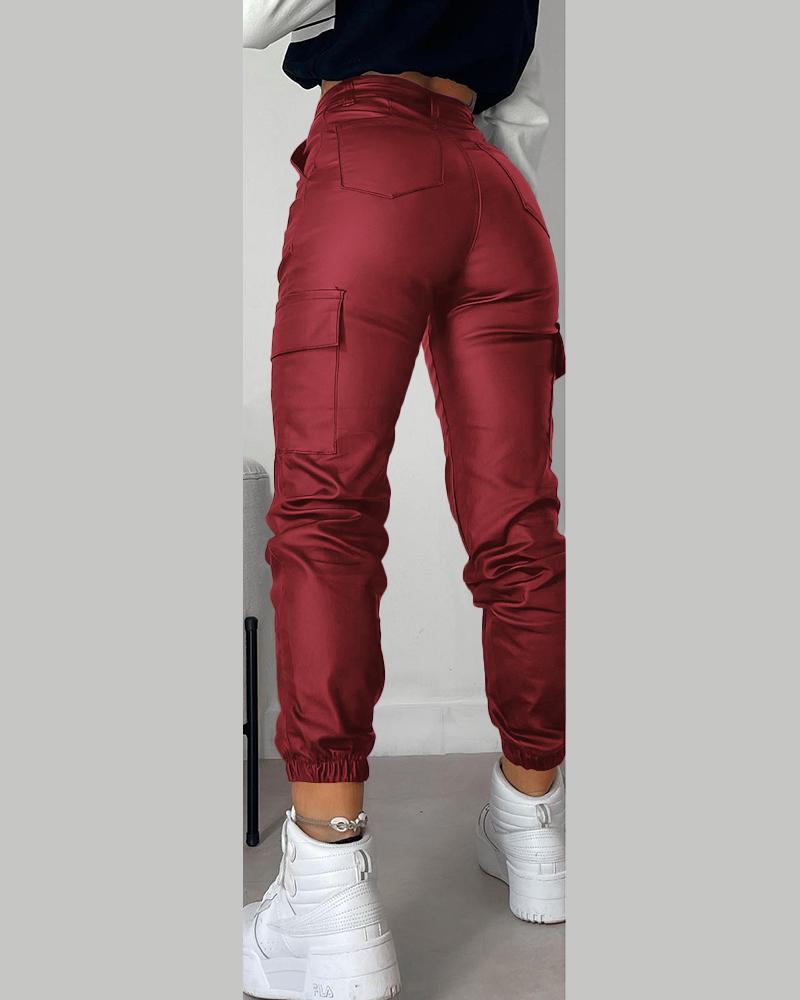 Pocket Design Cuffed PU Leather Pants