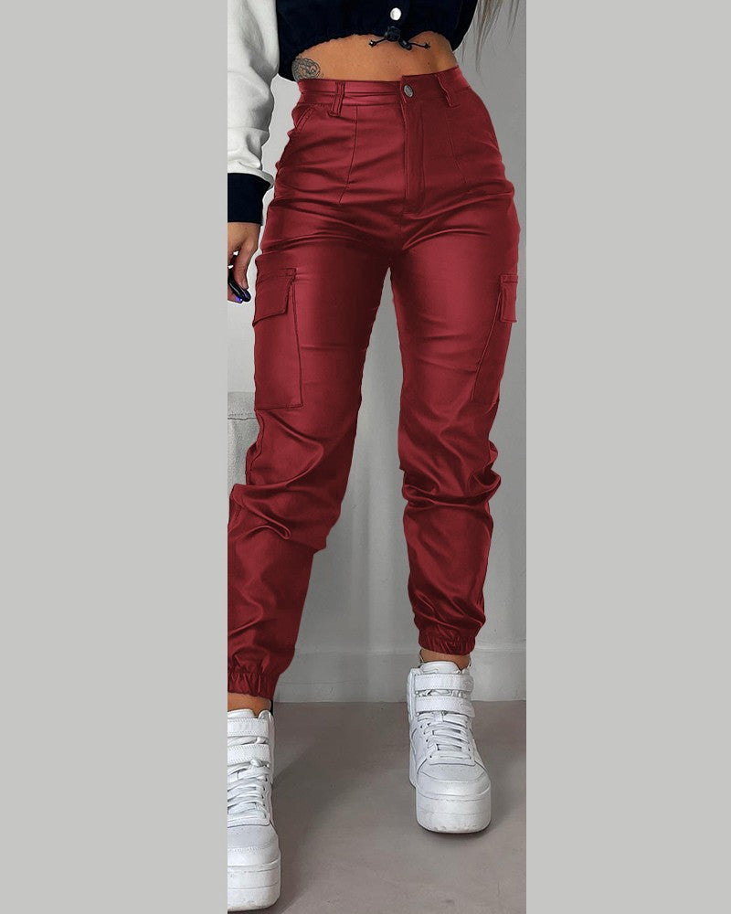 Pocket Design Cuffed PU Leather Pants